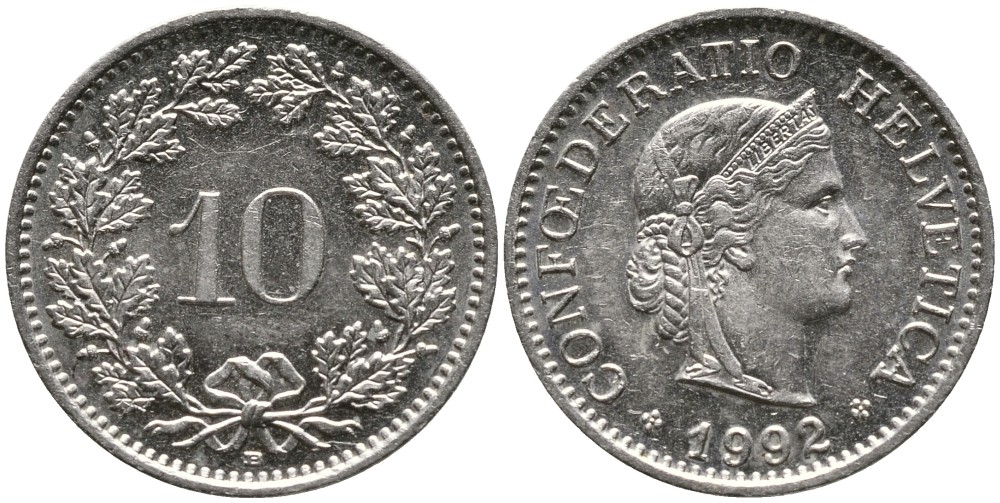 ШВЕЙЦАРИЯ 10 РАППЕНОВ 1992 В KM 27 медно-никель 4539-534