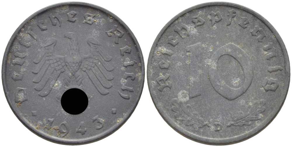ГЕРМАНИЯ 10 РЕЙХСПФЕННИГОВ 1943 D KM 101, J. 371 цинк 4401-554