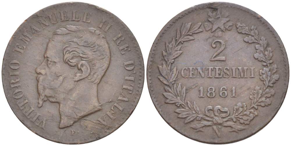 ИТАЛИЯ 2 ЧЕНТЕЗИМО 1861 N, МОНДВОР НЕАПОЛЬ, ВИКТОР ЭММАНУИЛ II (1861-1878) KM 2.2 медь 4182-1215