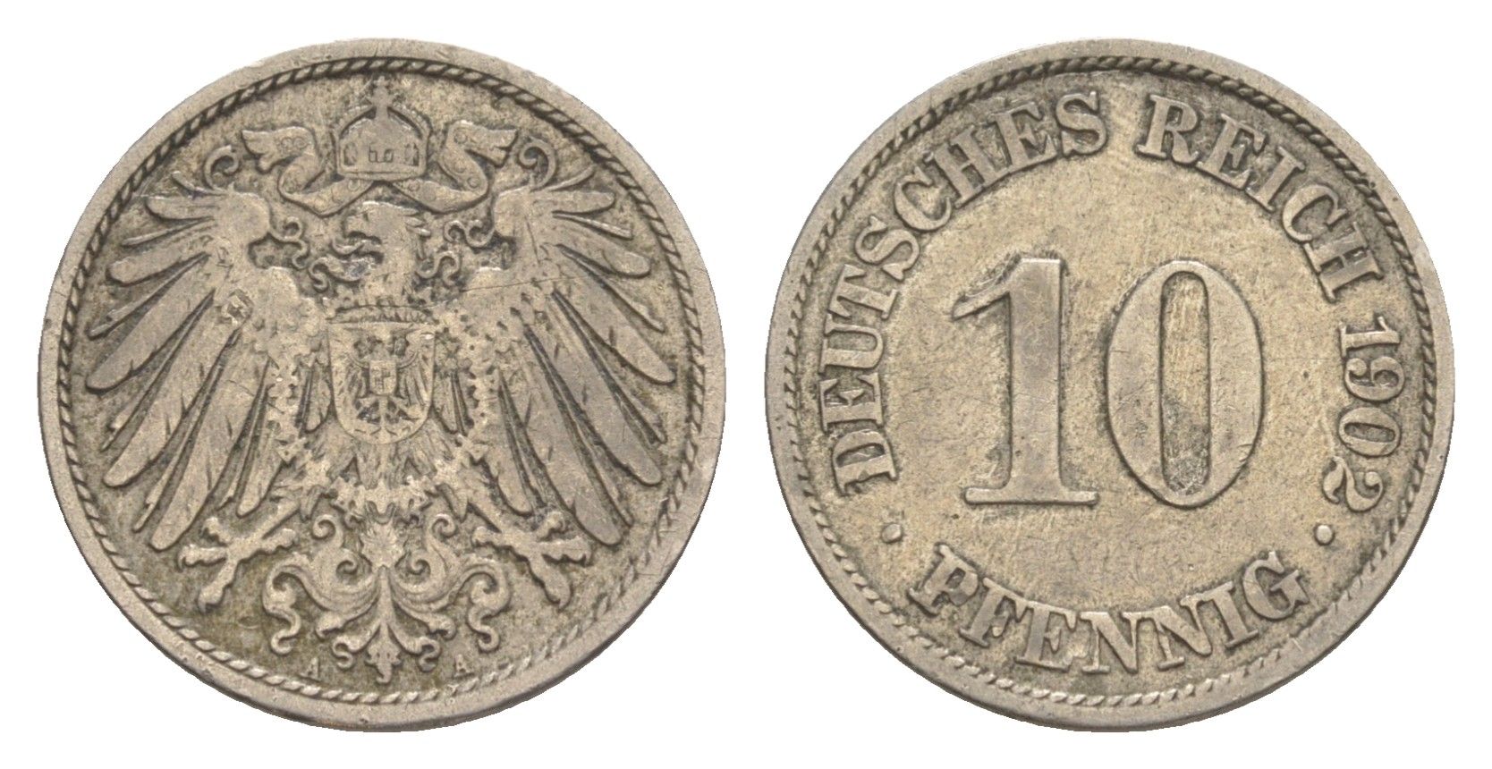 Германия 10 пфеннигов 1902 A, Вильгельм II (1888-1918) KM 12, J. 13 медно-никель 4647-914