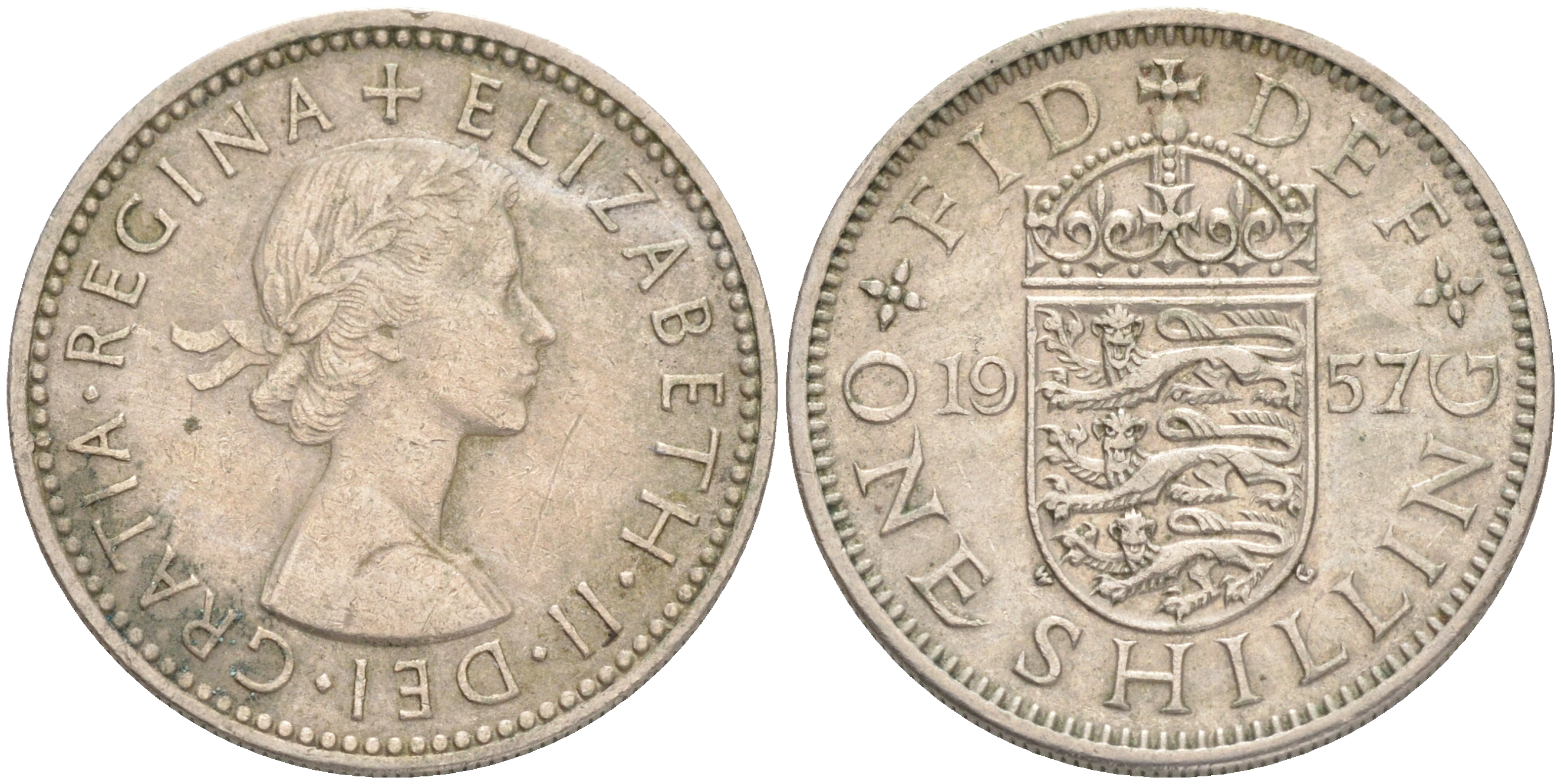 Великобритания 1 шиллинг 1957 Елизавета II (1952-2022), Английский герб KM 904, Spink 4147 медно-никель 4556-627