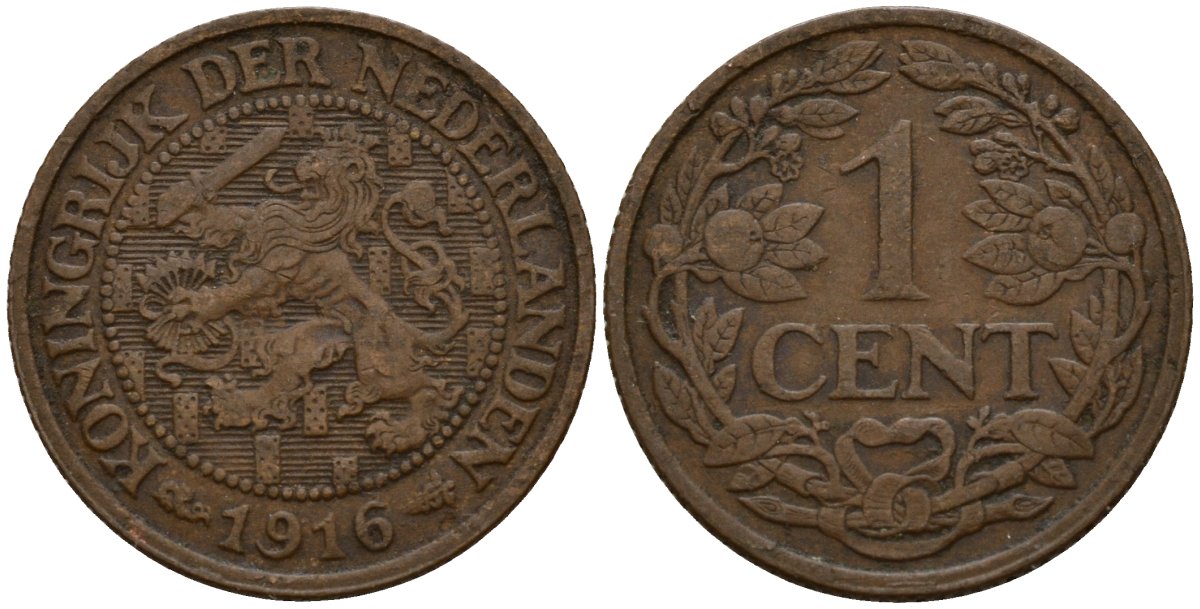Нидерланды 1 цент 1916 Вильгельмина I (1890-1948) KM 152 бронза 4154-869