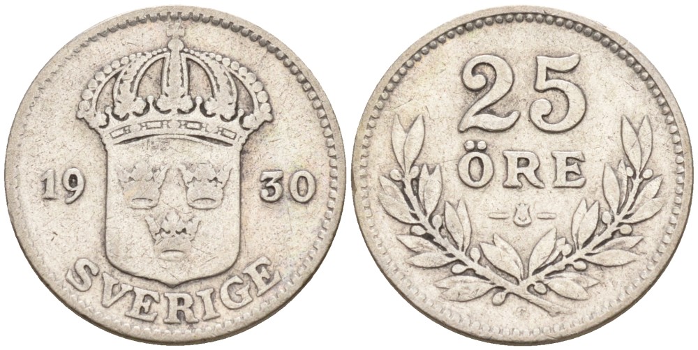 Швеция 25 эре 1930 G, Густав V (1907-1950) KM 785 серебро 4380-1025