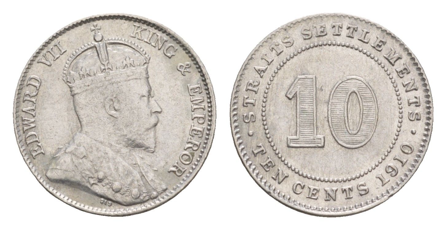 Стрейтс-Сетлментс (Стрейтс Сетлментс) 10 центов 1910 Эдуард VII (1901-1910) KM 21a серебро 1522-112