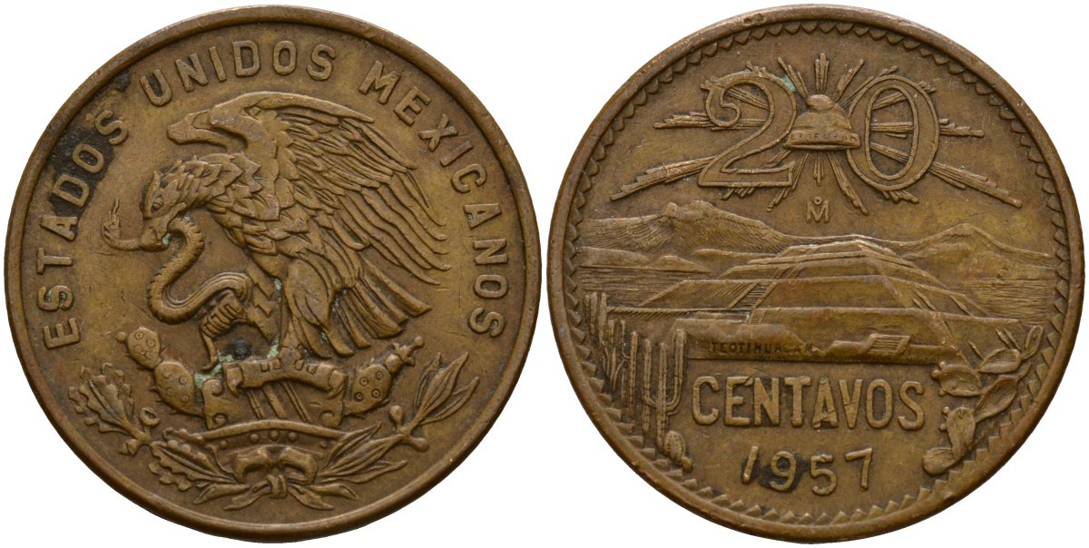 Мексика 20 сентаво 1957 KM 440 бронза 4187-846
