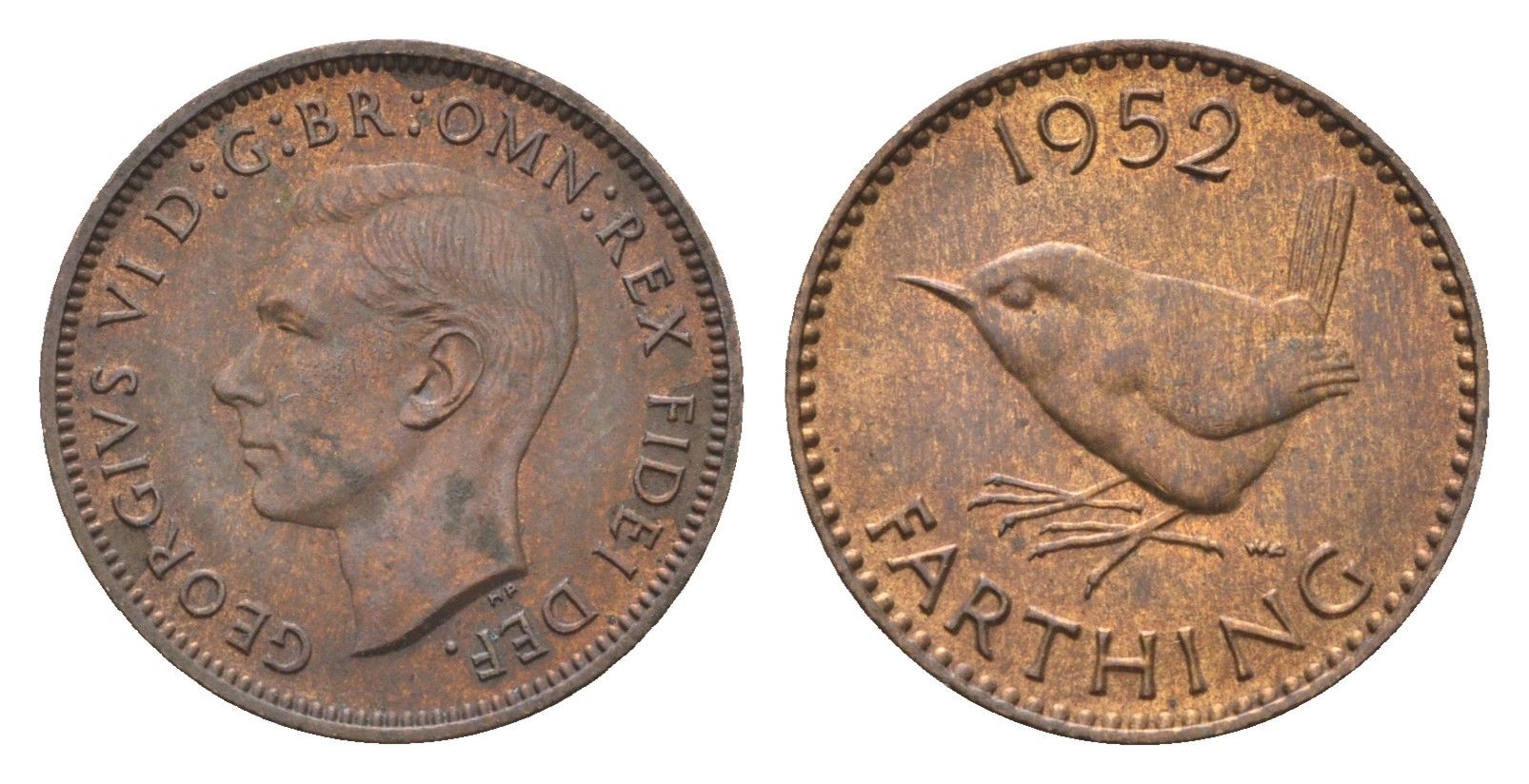 Великобритания 1 фартинг 1952 Георг VI (1936-1952) KM 867, Spink 4119 бронза aUNC 4664-361