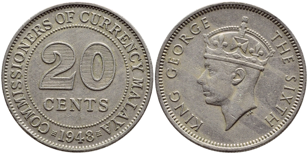 МАЛАЙЯ 20 ЦЕНТОВ 1948 ГЕОРГ VI KM 9 медно-никель 83-1834