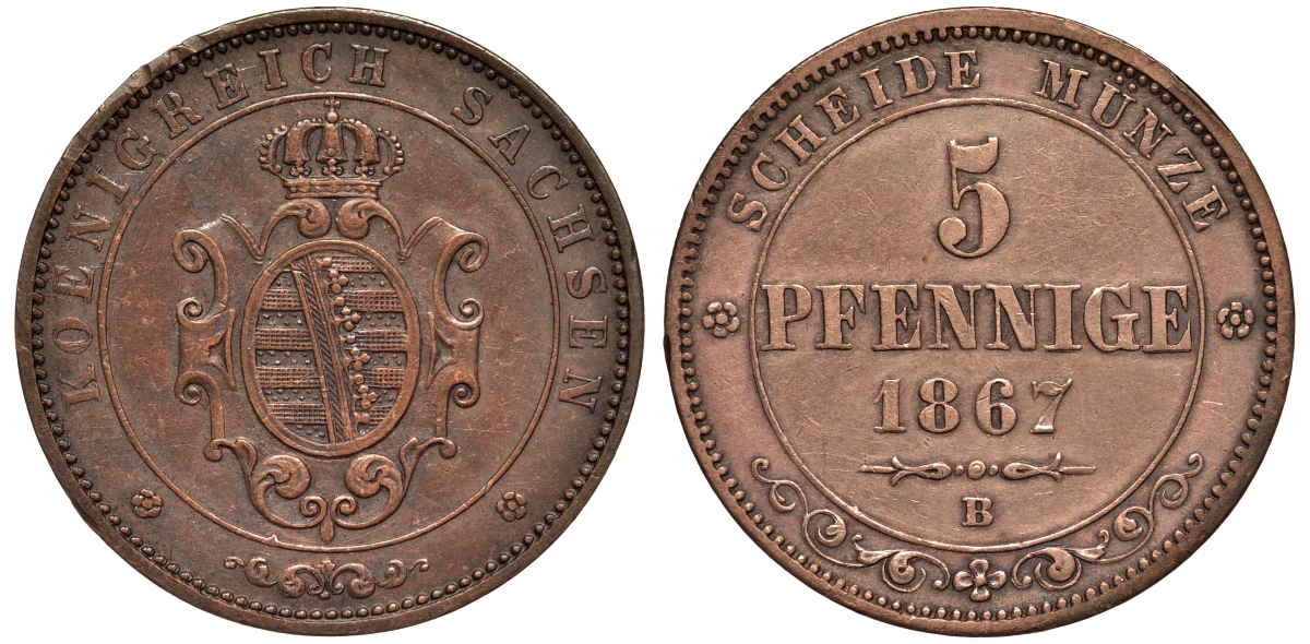 САКСОНИЯ 5 ПФЕННИГОВ 1867 В KM 1218 медь 75-724