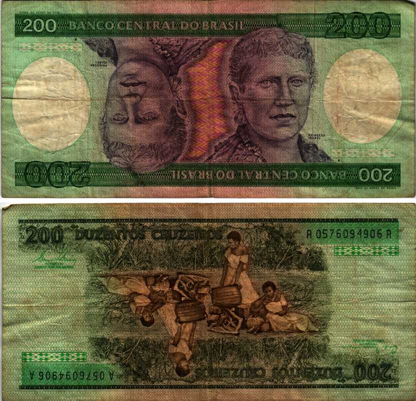 БРАЗИЛИЯ 200 КРУЗЕЙРО 1981 ПОДПИСЬ 20, СЕРИЯ А05760, ПРИНЦЕССА ИЗАБЕЛА Pick 199а бумага 8606-45-3-2
