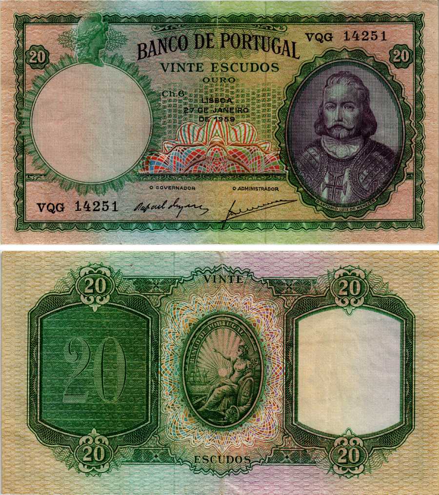 Португалия 20 эскудо 1959 27 января 1959, Антониу Луис де Менезес, 1-й маркиз Мариалва Pick 153 b  бумага   451-306-2