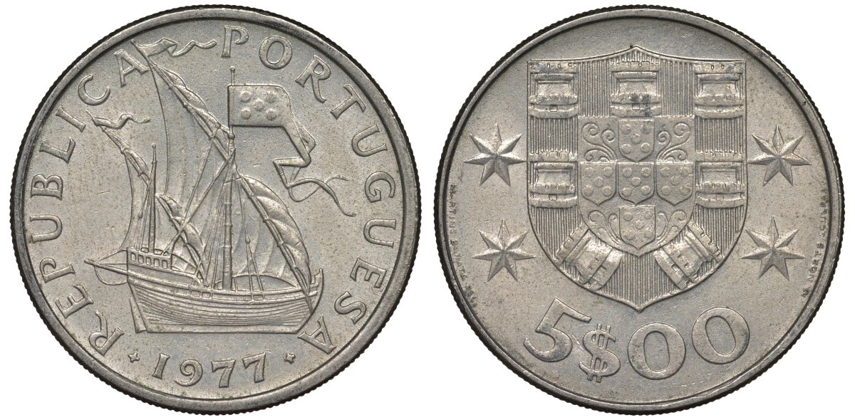 Португалия 5 эскудо 1977 парусник KM 591 медно-никель 4122-343