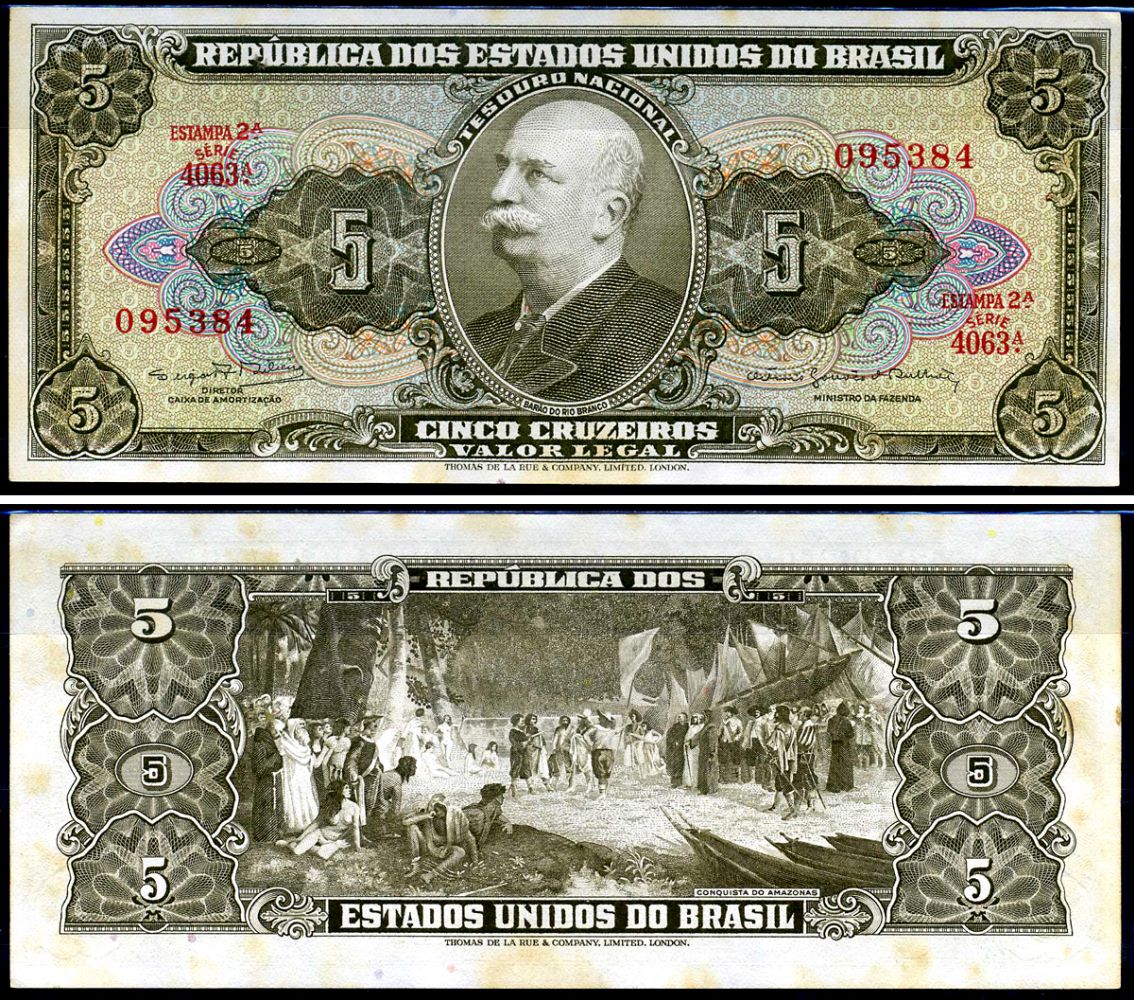 Бразилия 5 крузейро ND (1962-1964) Центральный банк Бразилии, серия 4063 Pick 176 d бумага UNC (пресс) 8602-1-1-2