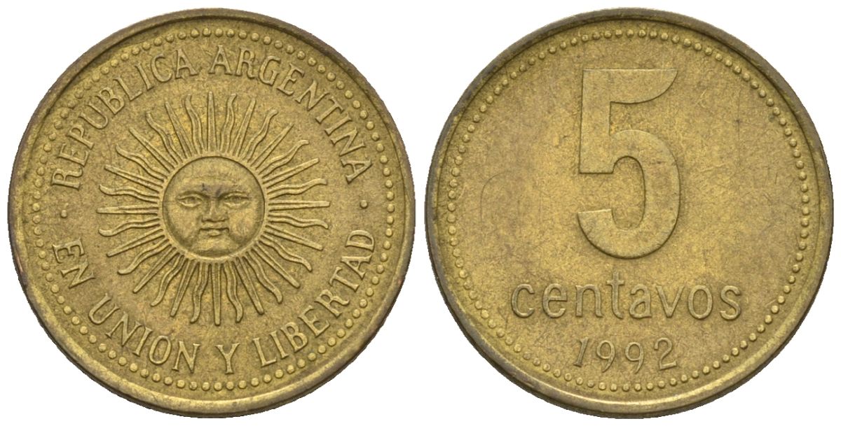 Аргентина 5 сентаво 1992 майское солнце KM 109, CJ 2, Schon 109 алюминиевая бронза 4609-1239