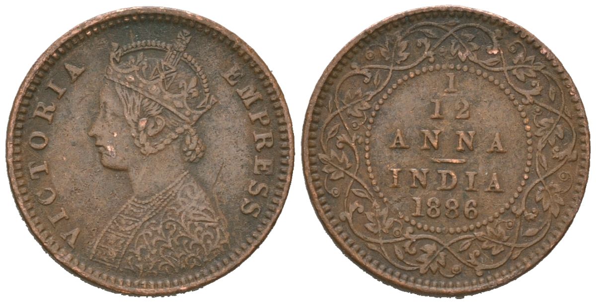 Британская Индия 1/12 анна 1886 Виктория (1837-1901) KM 483 медь 4615-236