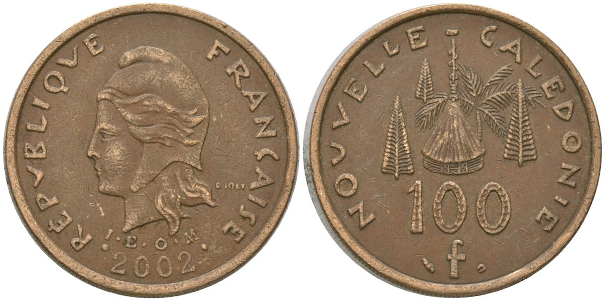 Французская Новая Каледония 100 франков 2002 хижина среди сосен и пальм, (IEOM) KM 15, Schoen 16, Lec 139f никель латунь 4144-1232