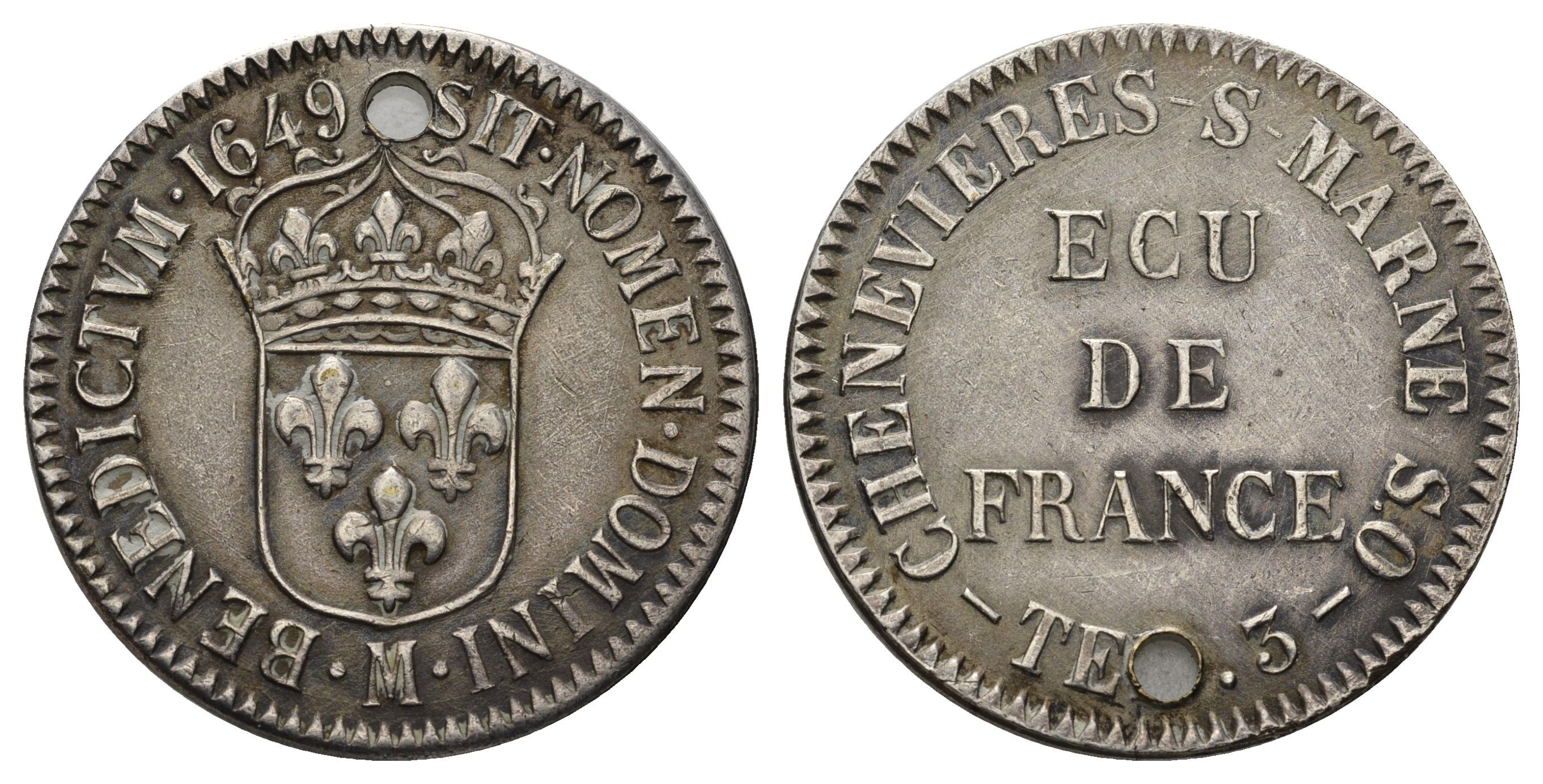 Франция, Шеневьер-Сюр-Марн ресторанный жетон "ECU de France" конец XIX века - начало XX века диаметр 35 мм, вес 15,33 гр медь плакированная серебром 5010-1743