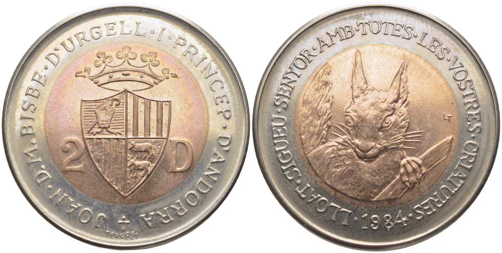 Андорра 2 динера 1984 серия сохраним наш мир, белка, тираж 5000 экз. KM 20 биметалл UNC 1525-942