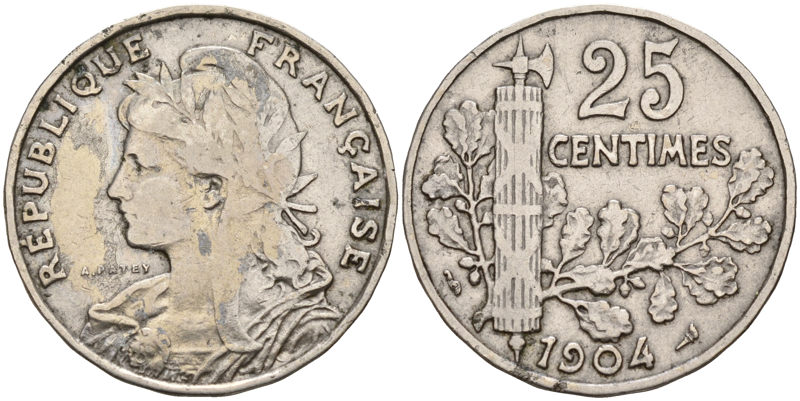 Франция 25 сантимов 1904 первый год KM 856 никель      4153-352