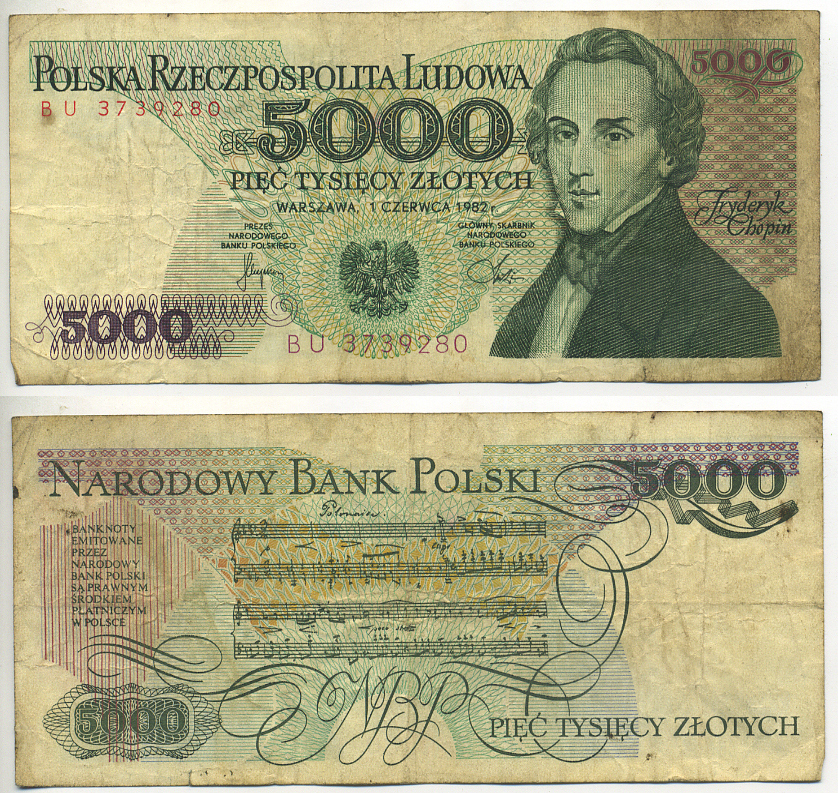 ПОЛЬША 5000 ЗЛОТЫХ 1982 1 ИЮНЯ 1982, ФРИДЕРИК ШОПЕН Pick 150a бумага 7553-18-4