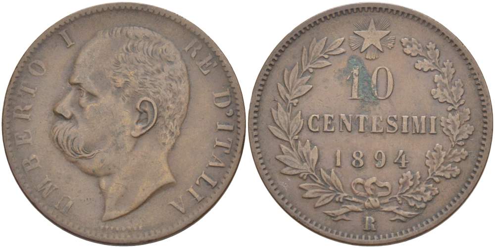 Италия 10 чентезимо 1894 R, Умберто I (1878-1900) KM 27.2 медь 4526-1011