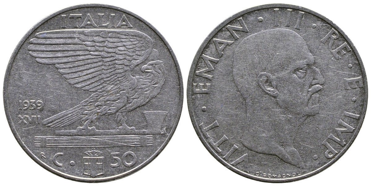 ИТАЛИЯ 50 ЧЕНТЕЗИМО 1939 R, ВИКТОР ИМАНУИЛ III, НЕ МАГНИТНАЯ, XVII ГОД KM 76а сталь 51-334