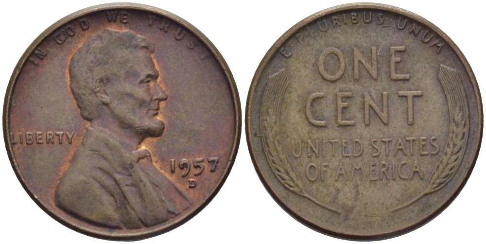 США 1 ЦЕНТ 1957 D, ЛИНКОЛЬН KM А132 медь цинк 26-953