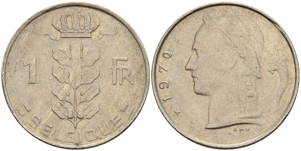 БЕЛЬГИЯ 1 ФРАНК 1970 BELGIQUE KM 142.1 медно-никель 4546-457