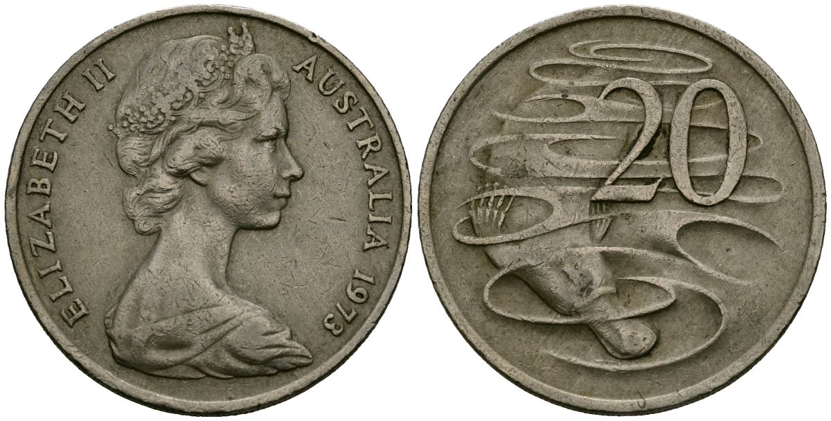 Австралия 20 центов 1973 Елизавета II (1952-2022), утконос KM 66 медно-никель 4120-645