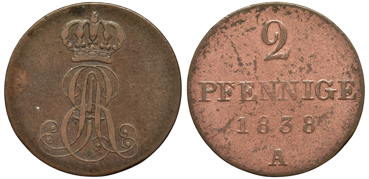 Ганновер 2 пфеннига 1838 A, Эрнст Август (1837-1851) KM 174.1, AKS 122, J. 55 медь 75-641