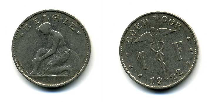 БЕЛЬГИЯ 1 ФРАНК 1922 BELGIE KM 90 никель 58-1221