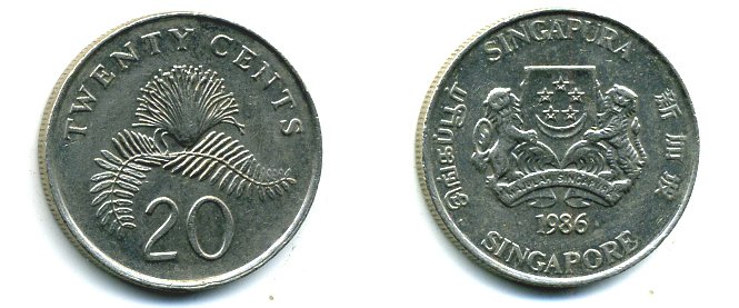 Сингапур 20 центов 1986 KM 52 медно-никель 35-541