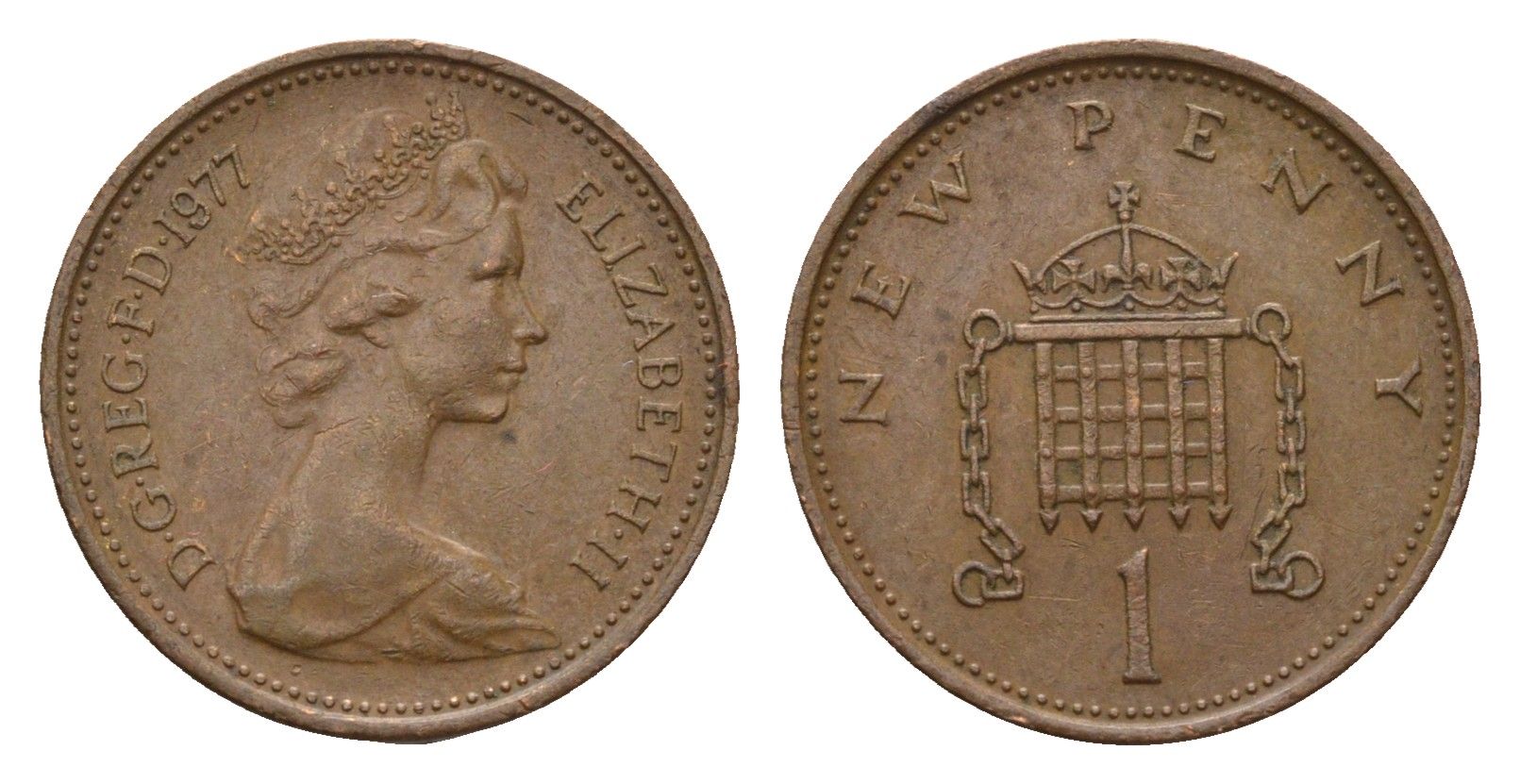 Великобритания 1 пенни 1977 Елизавета II (1952-2022) KM 915, Spink 4237 (B1) бронза 4614-424