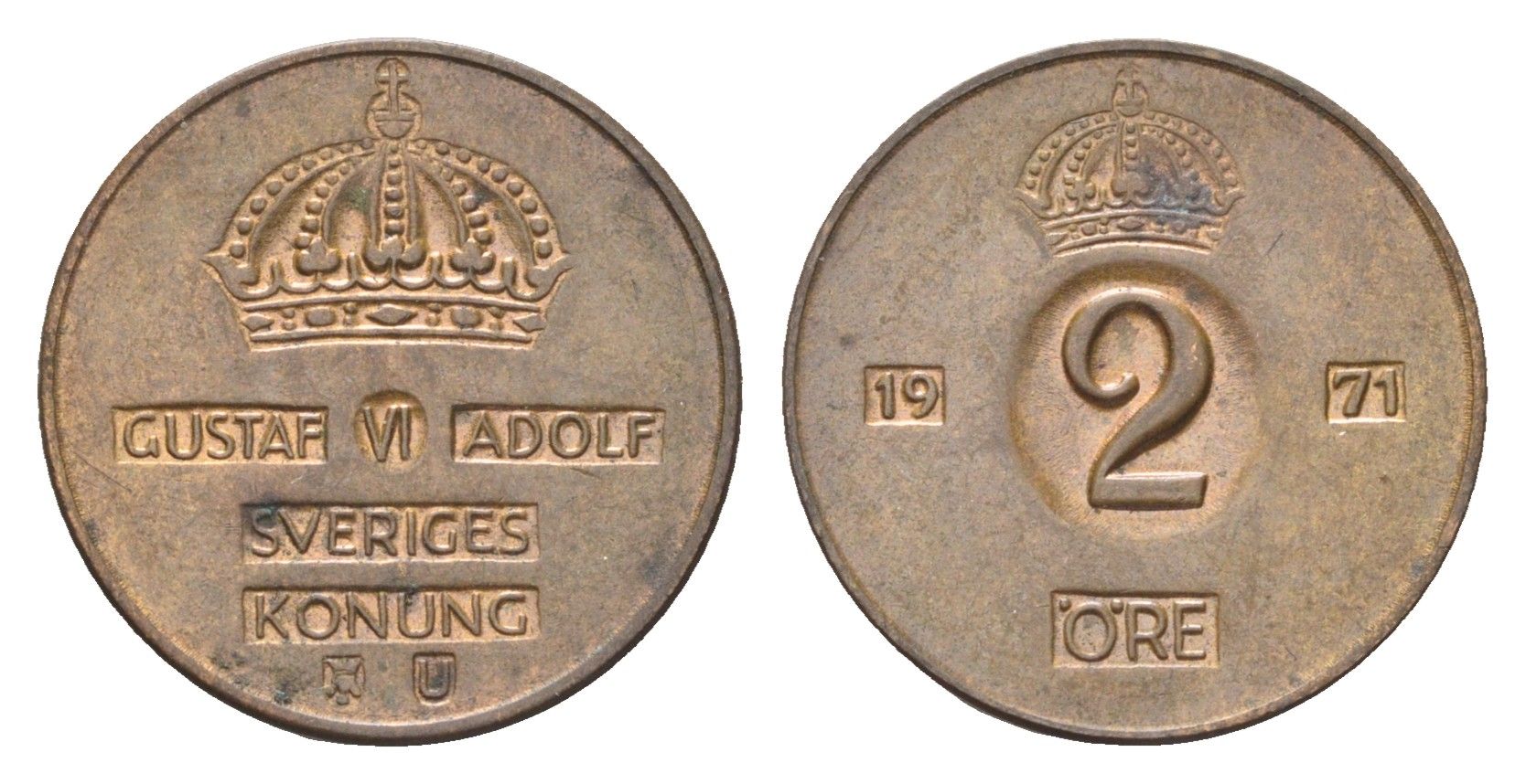 Швеция 2 эре 1971 U, Густав VI Адольф (1950-1973) KM 821 бронза 4702-1037