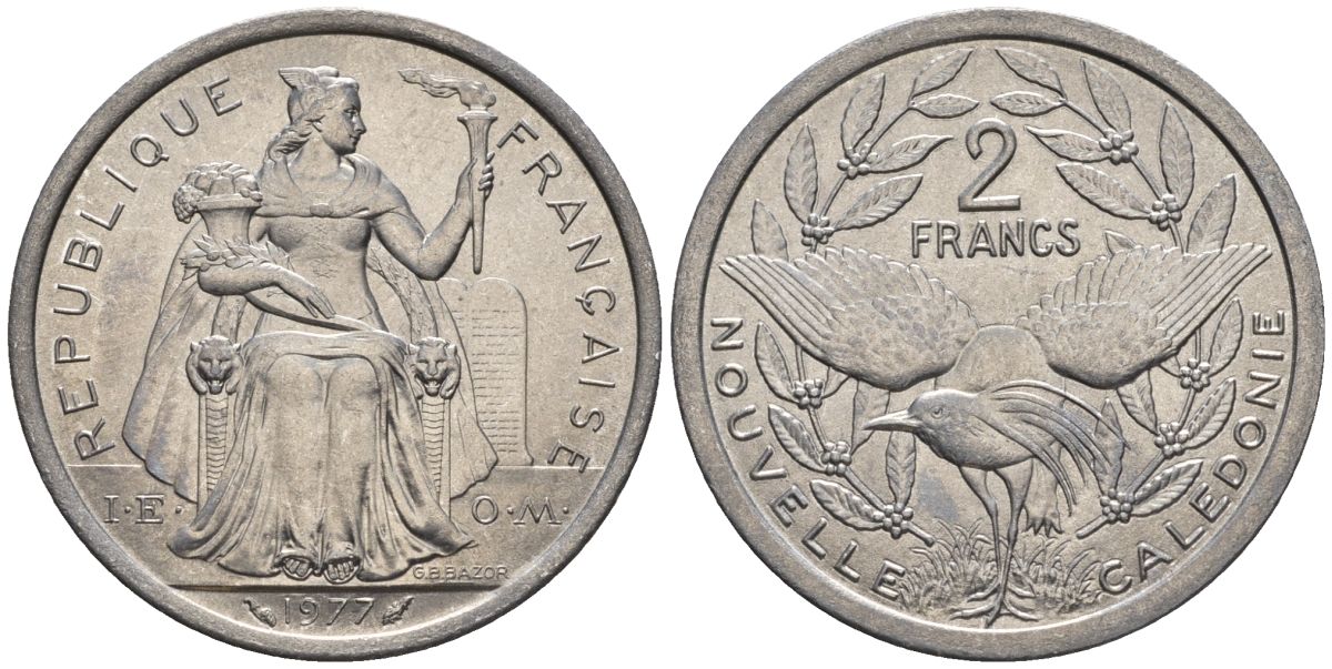 Французская Новая Каледония 2 франка 1977  KM 14 алюминий  UNC  4610-453