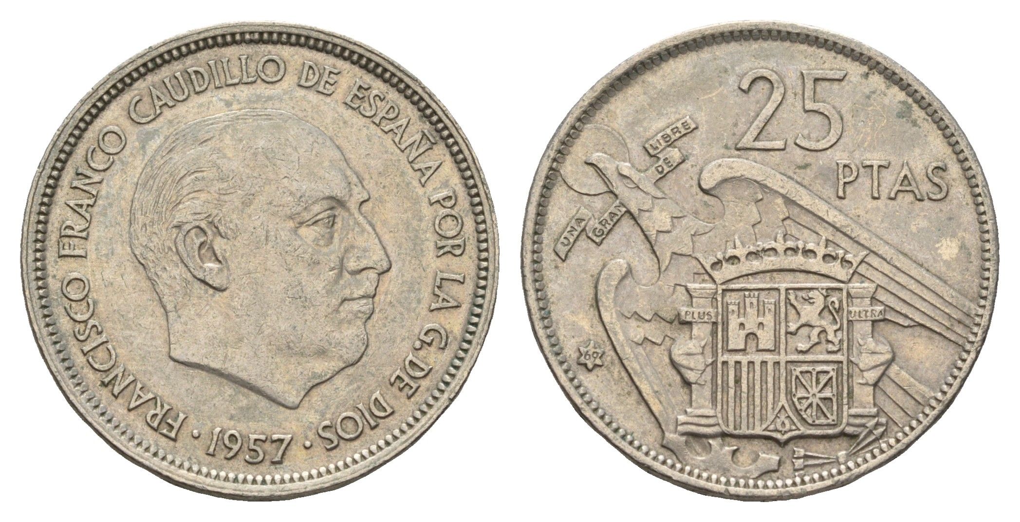 Испания 25 песет 1957 (60) Франсиско Франко (1939-1975) KM 787 медно-никель 4673-1014
