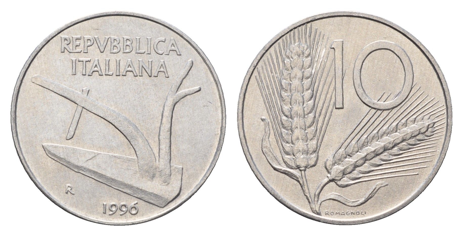Италия 10 лир 1996 R, плуг, колосья KM 93 алюминий UNC 4631-553