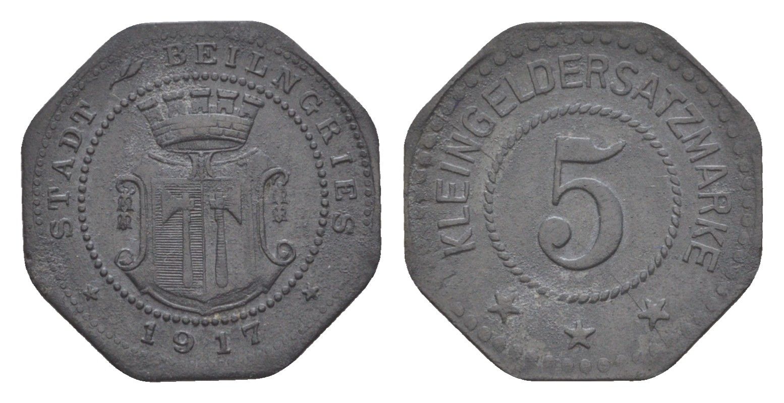Байльнгрис 5 пфеннигов 1917 Funck 32.1, Men05 1696.1, Men18 2188.1 цинк 1528-841