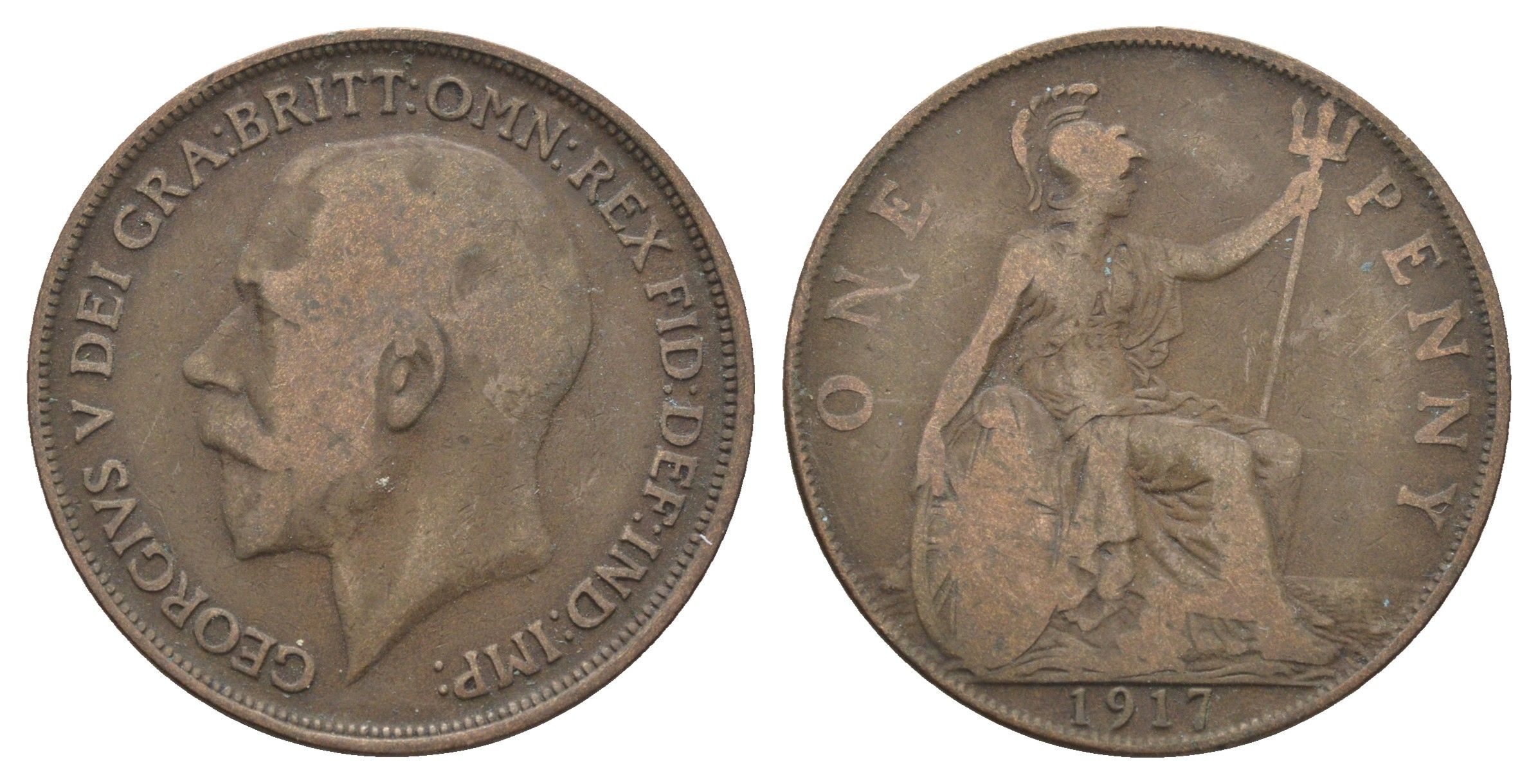 Великобритания 1 пенни 1917 Георг V (1910-1936) KM 810, Spink 4051 бронза 4661-535