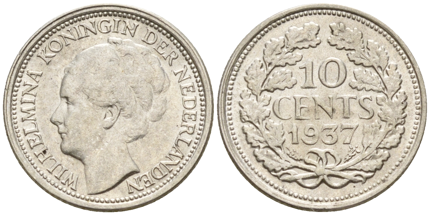 Нидерланды 10 центов 1937 Вильгельмина I (1890-1948) КМ 163 серебро  UNC  4602-526