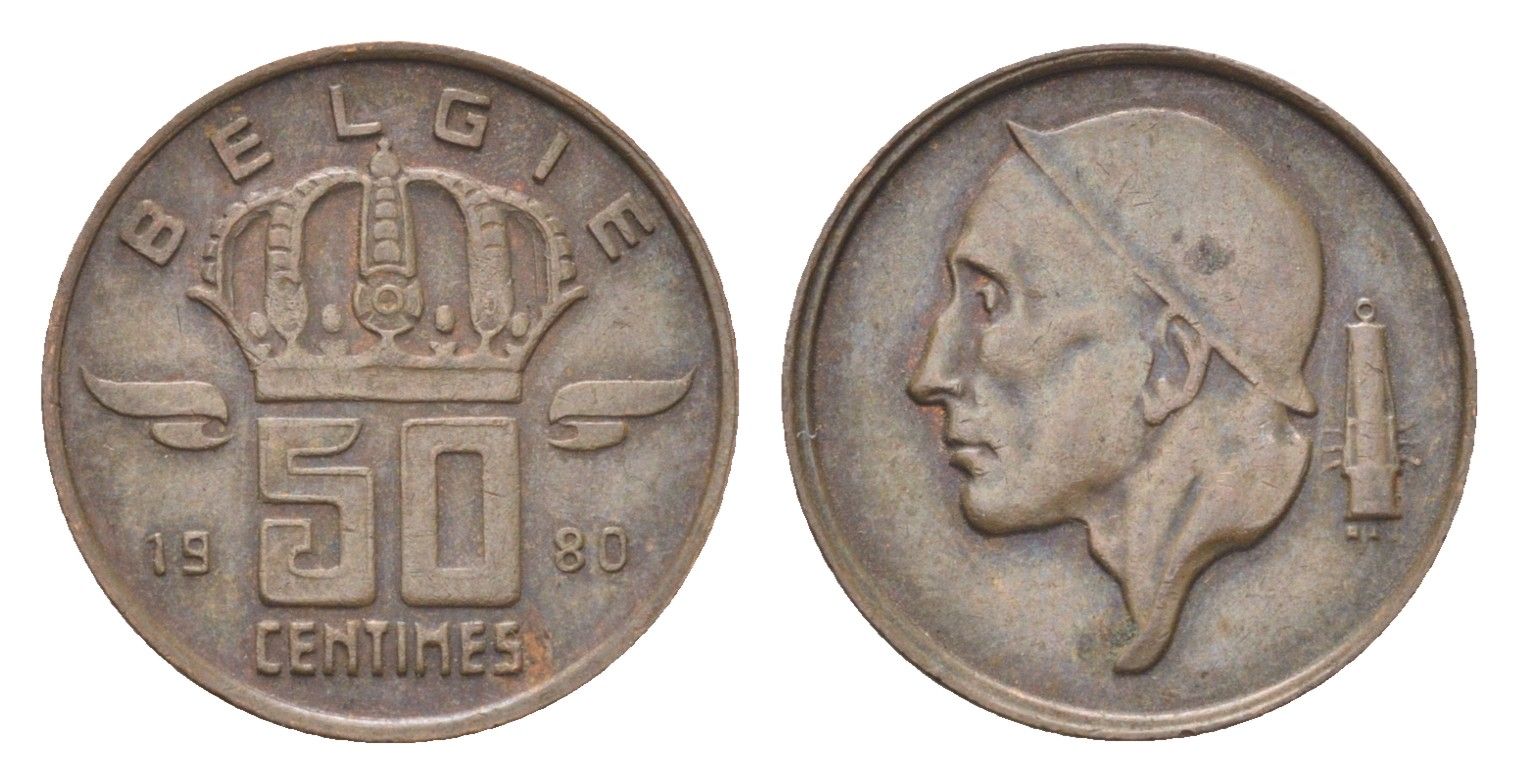 Бельгия 50 сантимов 1980 Belgie, Бодуэн I (1951-1993) KM 149 бронза 4705-267