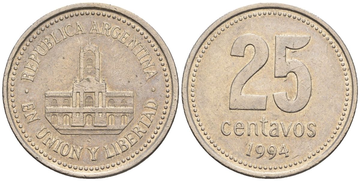 Аргентина 25 сентаво 1994 ратуша Буэнос-Айреса KM 110a, CJ 4.3.1, Schon 111a медно-никель    60-424