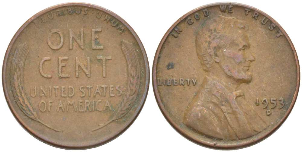 США 1 ЦЕНТ 1953 D, ЛИНКОЛЬН KM А132 медь цинк 3309-1136