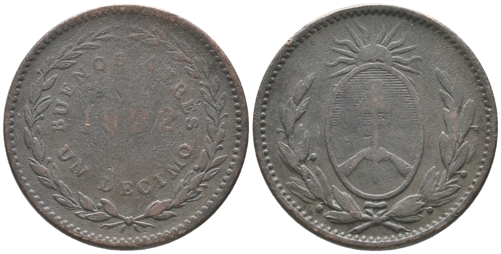 Аргентина, Буэнос-Айрес 1 десимо 1822 провинциальный выпуск Буэнос-Айреса KM 1 медь 34-117