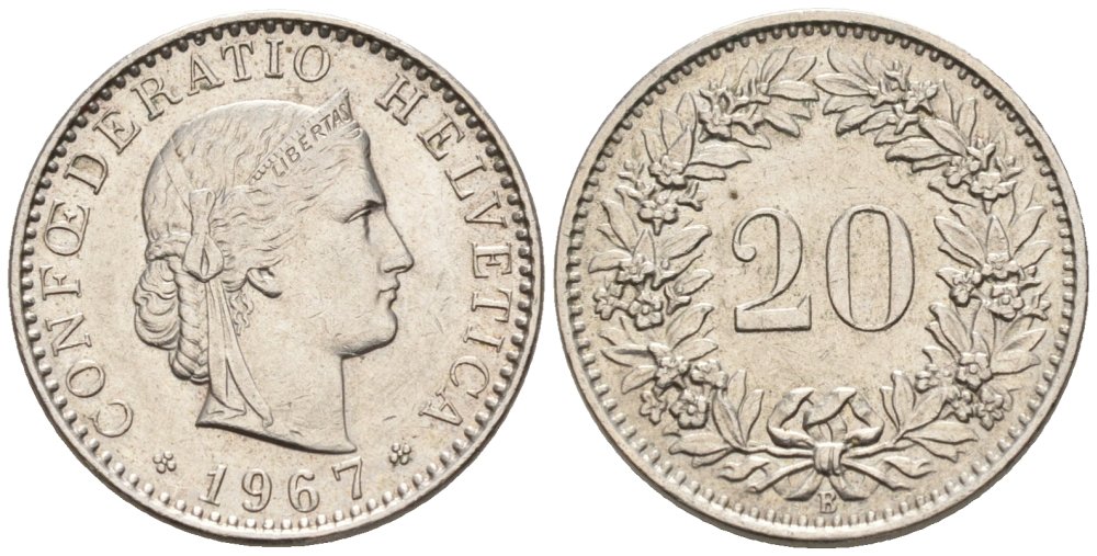 Швейцария 20 раппенов 1967 В KM 29а медно-никель 4576-961