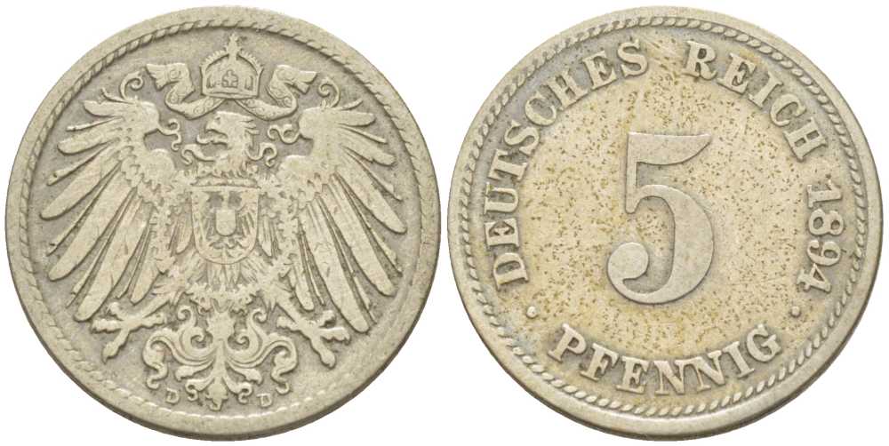 ГЕРМАНИЯ 5 ПФЕННИГОВ 1894 D KM 11, J. 12, Weege 6 медно-никель 206-914