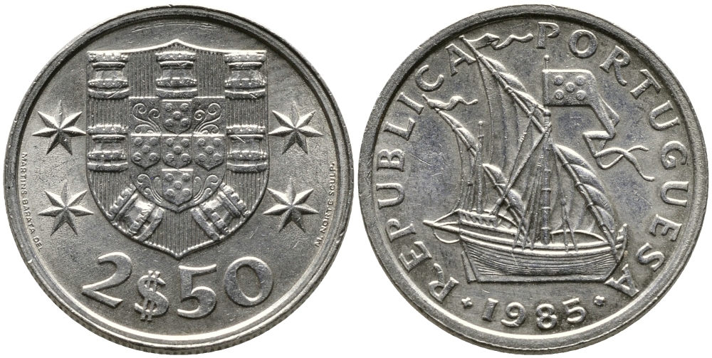 ПОРТУГАЛИЯ 2,5 ЭСКУДО 1985 ПАРУСНИК KM 590 медно-никель 99-1166