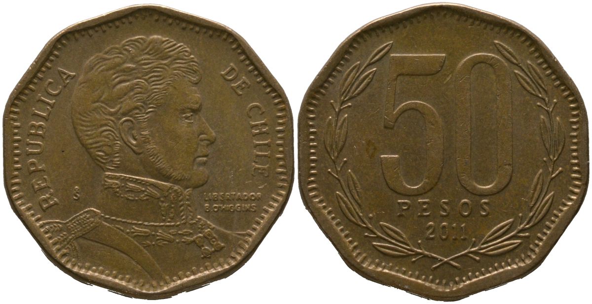 Чили 50 песо 2011 So KM 219.2, Schon 70 алюминиевая бронза 4544-436