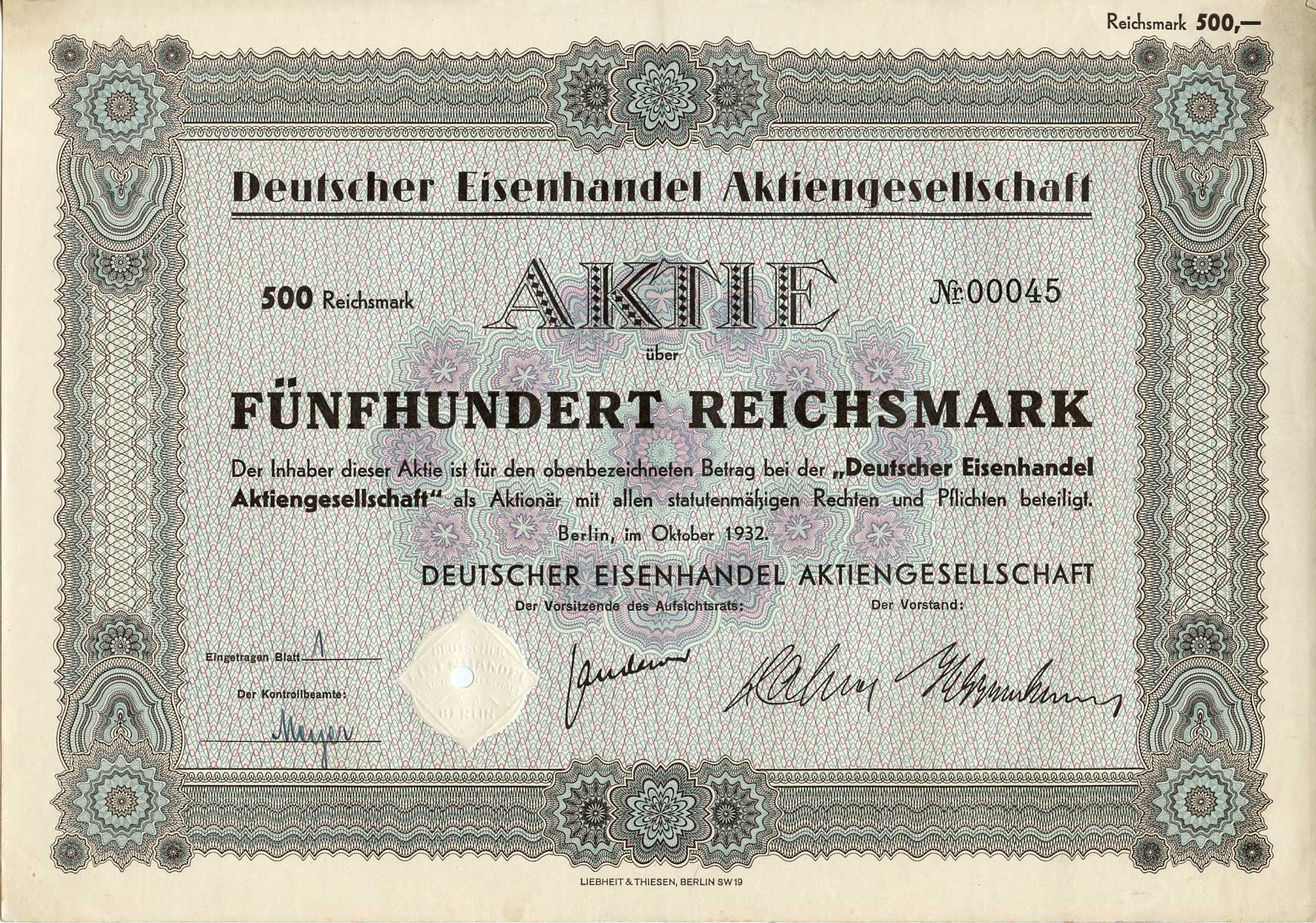 Германия 500 рейхсмарок 1932 Немецкое акционерное общество по торговле железом, акция   бумага   8801-70-1