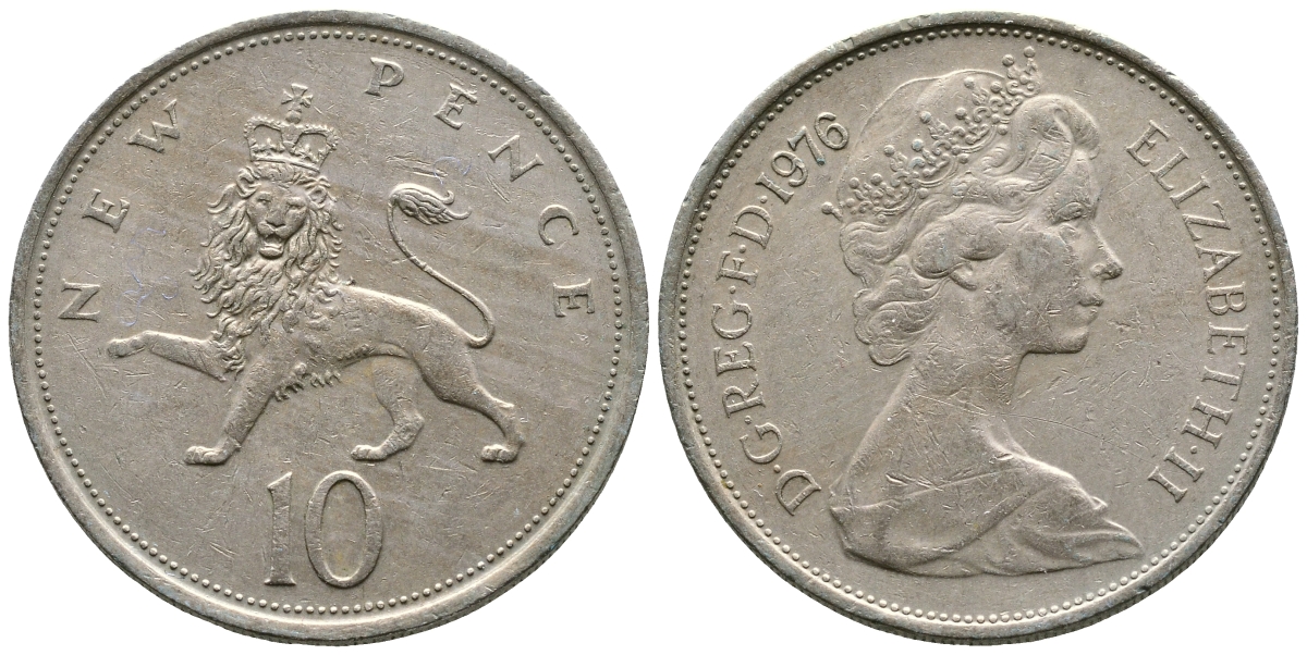 Великобритания 10 пенсов 1976 Елизавета II (1952-2022) KM 912, Spink 4231 (F1) медно-никель  4383-731