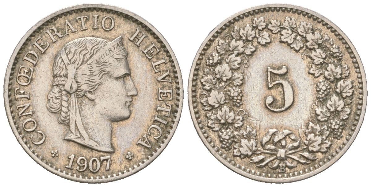 Швейцария 5 раппенов 1907 B KM 26 медно-никель 4160-358